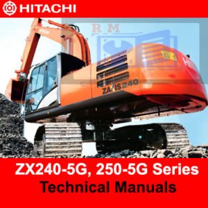 Technical manuals for Hitachi ZX240-5G and ZX250-5G, available for sale, highlighting operational guidelines and maintenance