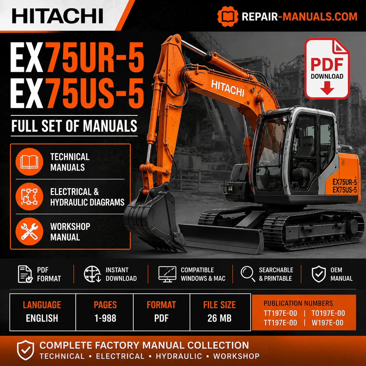 Hitachi EX75UR-5 EX75US-5 Full Set of Manuals PDF Download Technical Workshop Manual