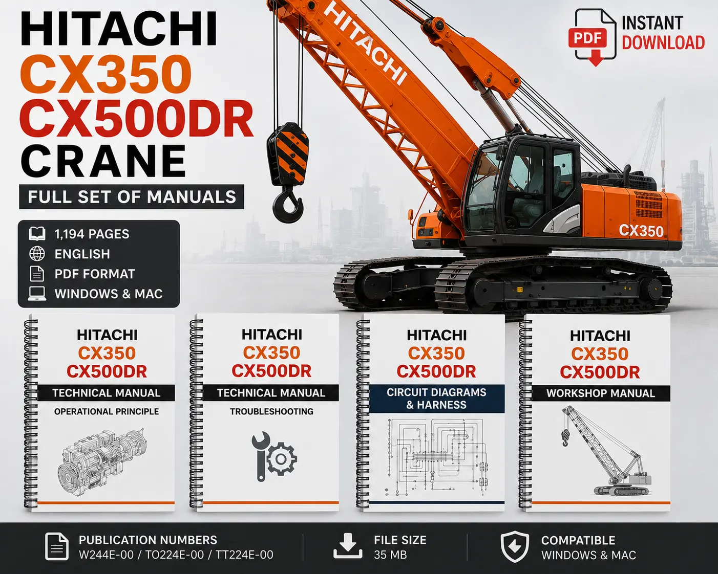 Comprehensive manuals for Hitachi Crane CX350 and CX500DR arranged neatly, highlighting operational and maintenance guidelines