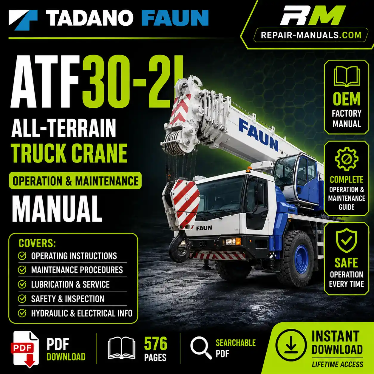 Tadano Faun ATF30-2L Truck Crane manual cover displaying operational guidelines and maintenance instructions