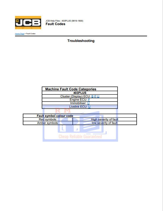 JCB 403PLUS Loader Full List Of Fault Code Explanations