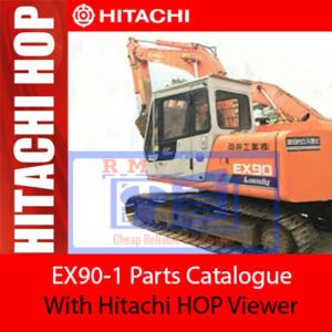 Hitachi EX90-1 Parts Catalogue displaying the excavator image and a comprehensive list of available parts