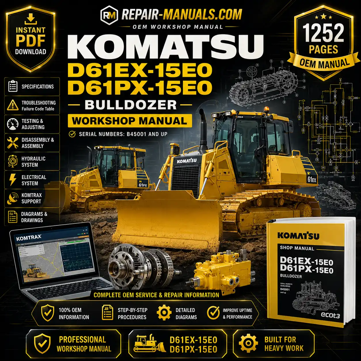 Komatsu D61EX-15EO and D61PX-15EO bulldozer workshop manual, providing essential maintenance and operational instructions