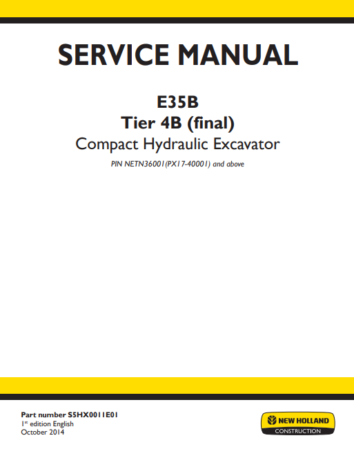 New Holland E35B Tier 4 Excavator Service Repair Manual