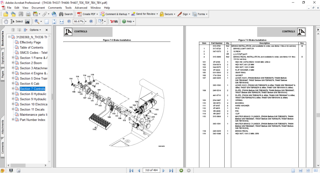 Caterpillar Th336 Th337 Th406 Th407 Telehandlers Parts Manual 0954