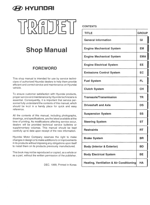 Hyundai Trajet 1999 Workshop Repair Manual