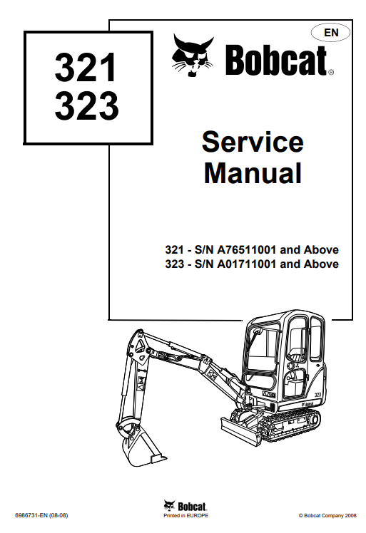 Bobcat 321, 323 Compact Excavator Service Repair Manual