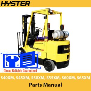 Comprehensive parts manual for Hyster S40XM through S65XM forklifts, including diagrams and specifications for repairs