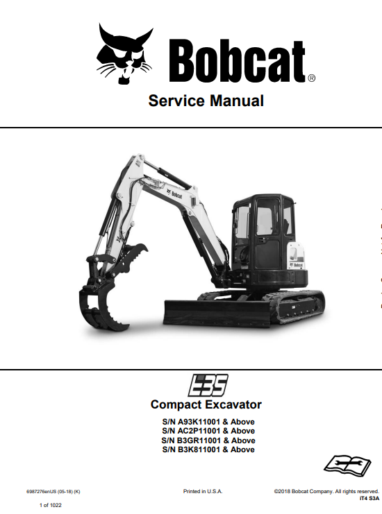 Bobcat E35 Compact Excavator Service Repair Manual