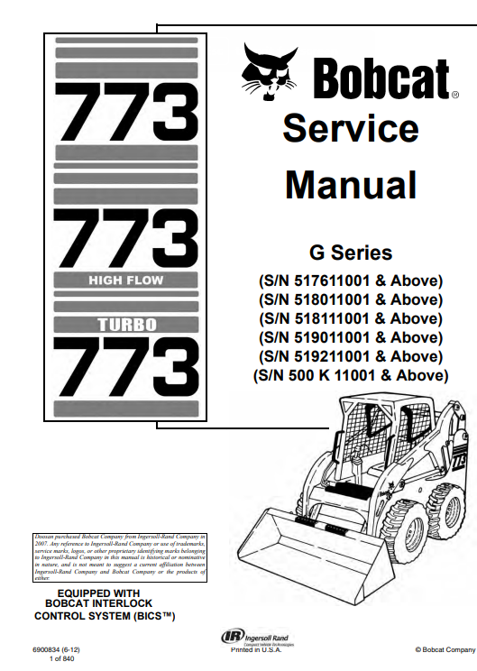 Bobcat 773G Series Skidsteer Service Repair Manual