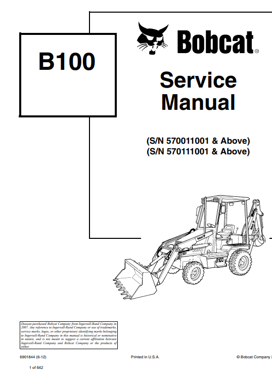 Bobcat B100 Backhoe Loader Service Repair Manual