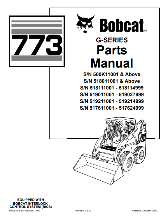 Bobcat 773 G-Series SkidSteer Loader Parts Manual