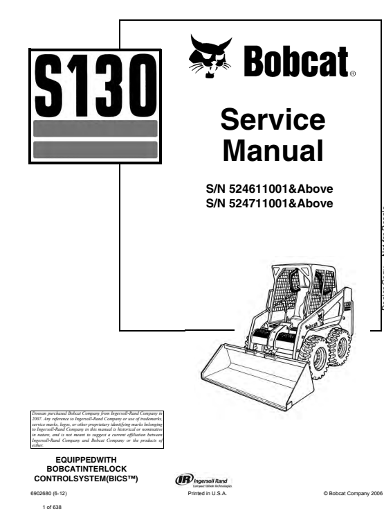 Bobcat S130 Compact Track Loader Service Repair Manual