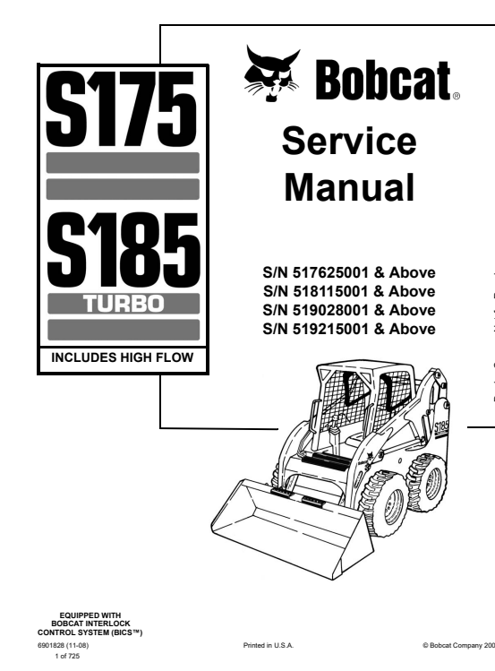 Bobcat S175, S185 Turbo Skid-Steer Loader Service Repair Manual