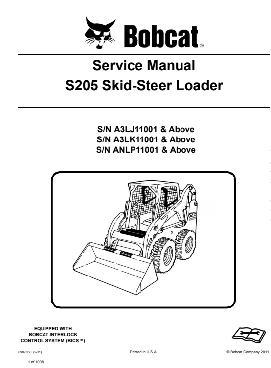 Bobcat S205 Skidsteer Loader Service Repair Manual