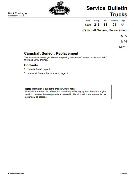 Mack Truck Engine MP7, MP8, MP10 Camshaft Sensor Replacement Manual