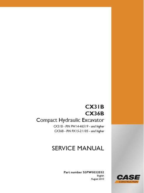 Case CX31B, CX36B Compact Hydraulic Excavator Service Repair Manual ...