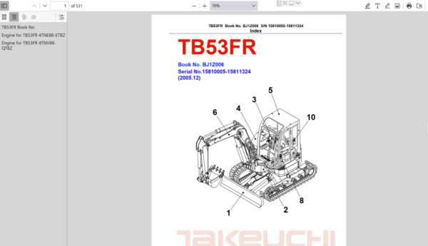Parts manual for Takeuchi TB53RF excavator, detailing components and assembly for maintenance and repair