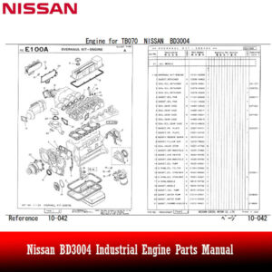 Nissan BD3004 Industrial Engine Parts Manual cover featuring detailed diagrams and specifications for engine components