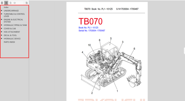 Parts manual for Takeuchi TB070 excavator, providing essential information for identifying and replacing parts.