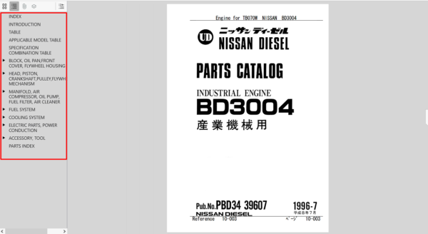 Parts manual for Takeuchi TB070W Excavator featuring Nissan BD3004 engine specifications and components