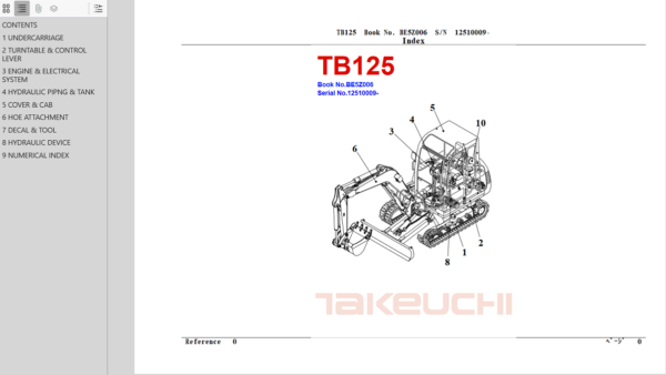 Comprehensive parts manual for the Takeuchi TB125 excavator, providing essential information for repairs and maintenance