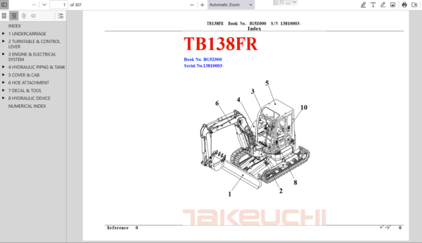 Takeuchi TB138FR excavator parts manual, outlining necessary components and maintenance guidelines for optimal performance.