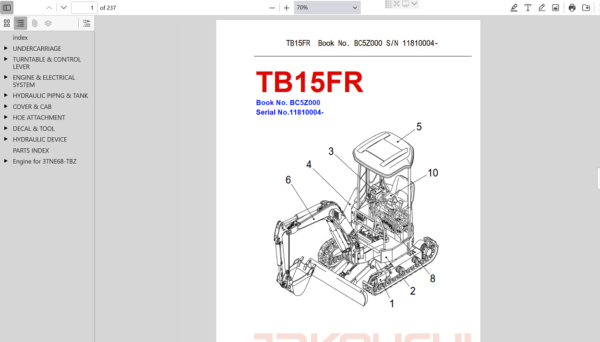 Comprehensive parts manual for the Takeuchi TB15FR excavator, providing essential information for repairs and maintenance