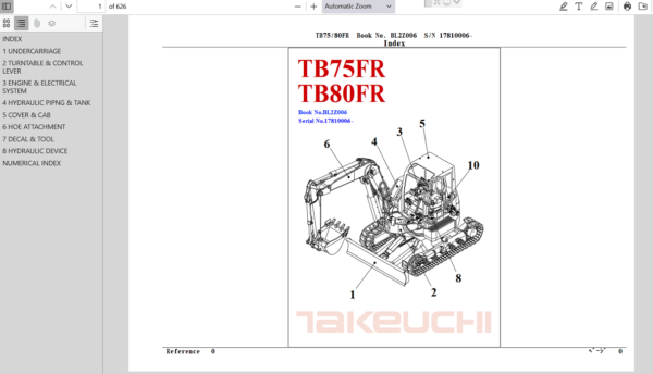 Illustrated parts manual for the Takeuchi TB80FR excavator, essential for understanding components and maintenance procedures