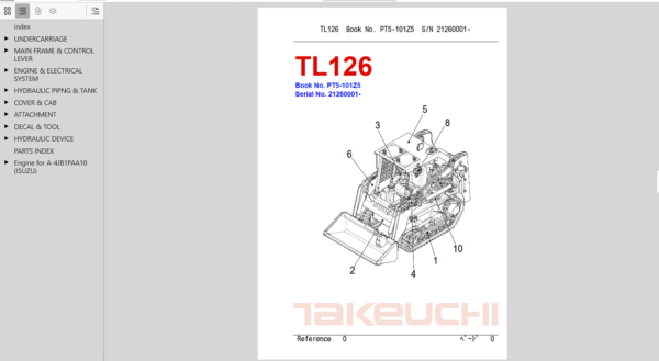 parts manual for Takeuchi TL26 skid steer, essential for understanding components and performing maintenance tasks.