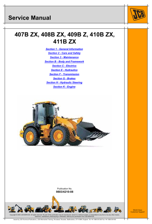 Repair manual for JCB 410B ZX Wheel Loader, offering step-by-step guidance for servicing and maintenance