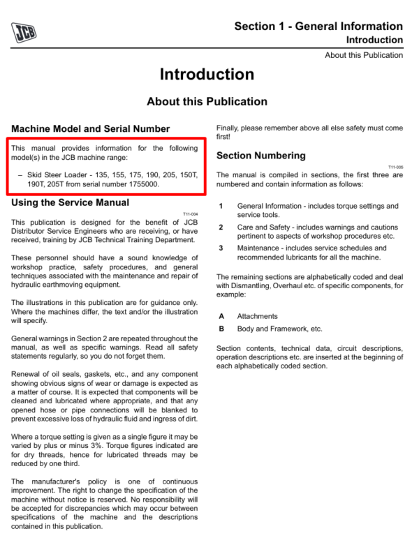 Comprehensive service manual for JCB 150t Skid Steer Loader, covering repair and maintenance guidelines