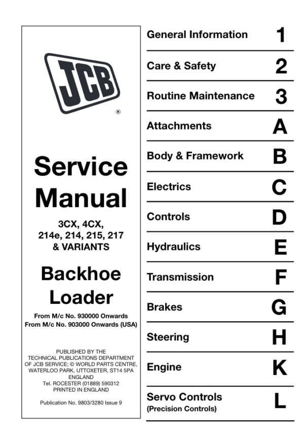 Detailed repair manual for JCB 215 Backhoe Loader, including service procedures and maintenance