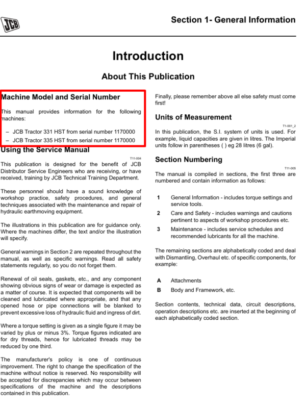 Comprehensive service manual for JCB 331 HST tractor, covering repair and maintenance guidelines