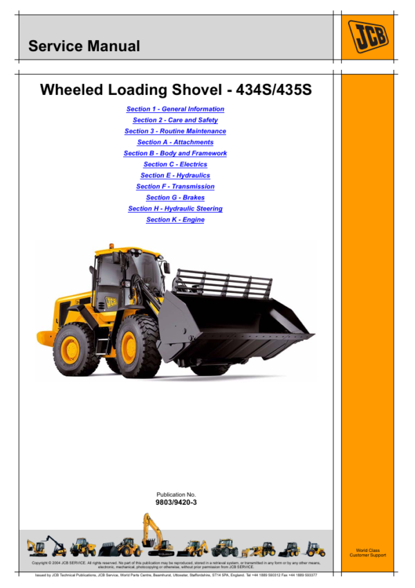 Comprehensive service manual for JCB 434S wheel loader, covering repair techniques and maintenance