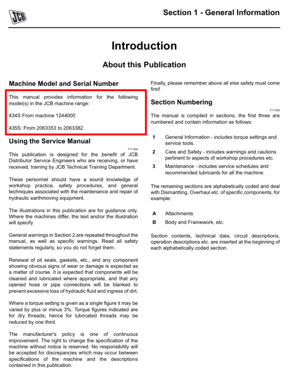 Detailed service and repair manual for the JCB 434S wheel loader, focusing on maintenance and operational