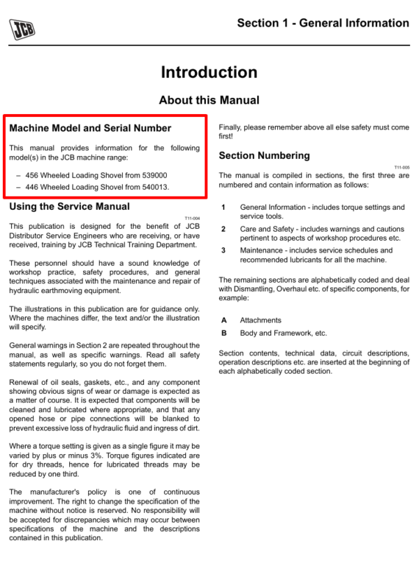 Service repair manual for JCB 446 Wheeled Loader, detailing maintenance and troubleshooting