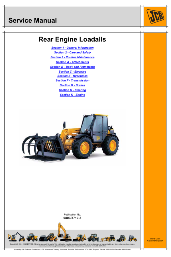 Comprehensive service manual for JCB 526S Rear Engine Loadall, covering repair and maintenance guidelines