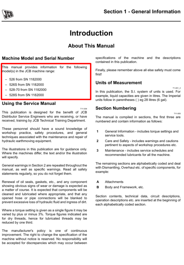 Comprehensive service manual for JCB 528-70 Rear Engine Loadall, covering repair and maintenance guidelines