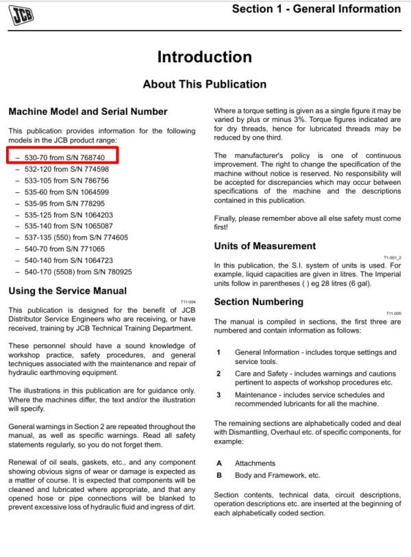 Service repair manual for JCB 530-70 Side Engine Loadall, detailing maintenance and repair procedures