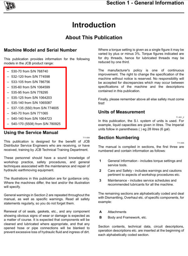 Detailed repair manual for JCB 532-120 Side Engine Loadall, focusing on service and maintenance