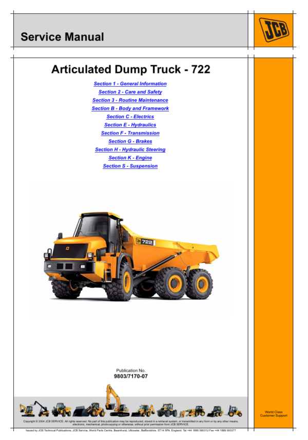 Comprehensive service manual for JCB 722 articulated dump truck, covering repair tips and maintenance instructions