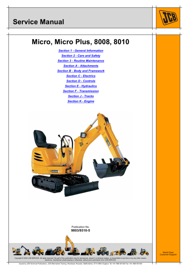 Comprehensive service manual for JCB 8010 Micro Excavator, covering repair guidelines and maintenance tips