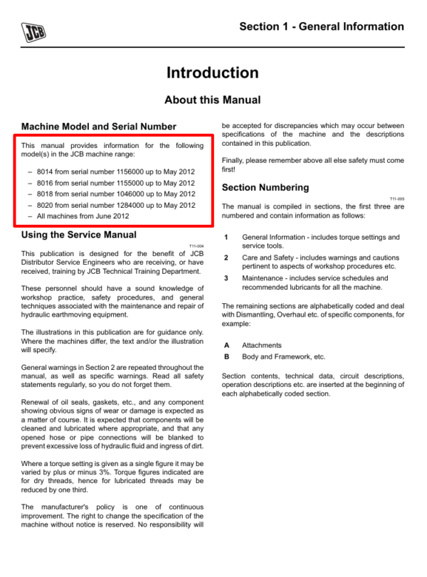 Detailed service and repair manual for the JCB 8014 Mini Excavator, focusing on maintenance and operational guidelines