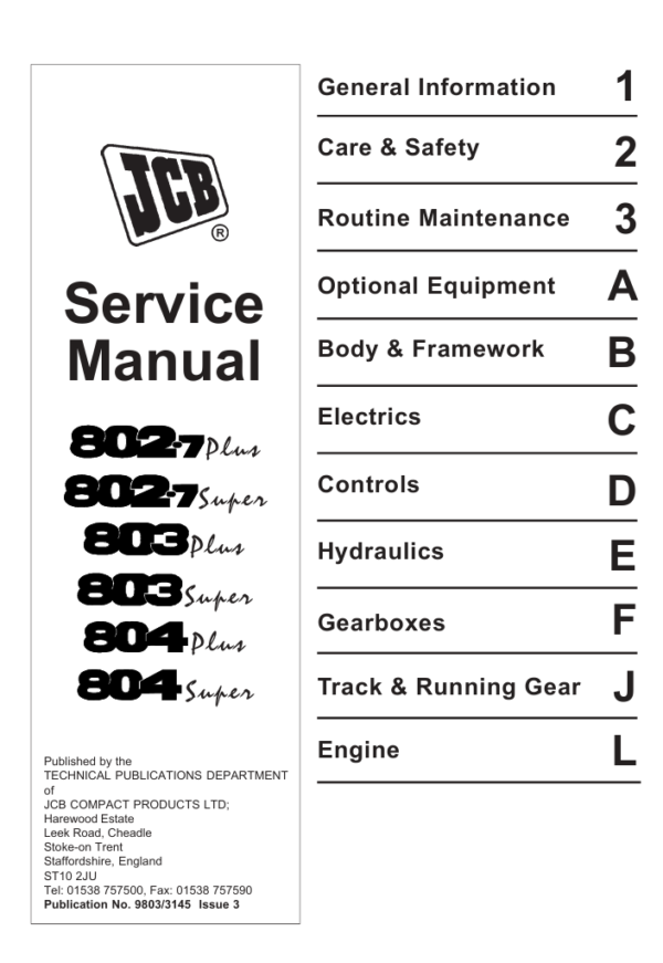 Service Repair Manual for JCB 803 Super Excavator, highlighting maintenance procedures and repair techniques