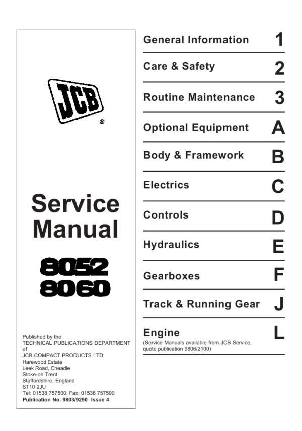 Detailed service and repair manual for the JCB 8052 Mini Excavator, focusing on maintenance procedures