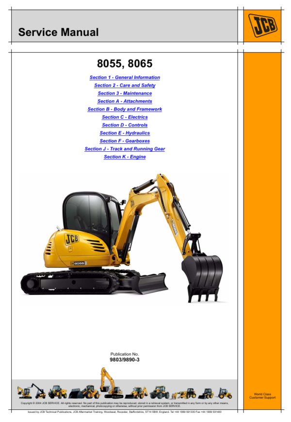 Detailed service and repair manual for the JCB 8055 Mini Excavator, focusing on maintenance procedures