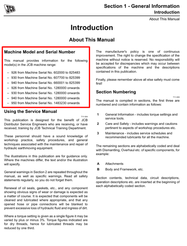 PDF manual for JCB 930 forklift service, including vital maintenance information and repair information