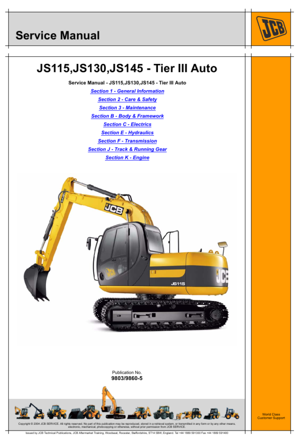 JCB JS115 Excavator Service Repair Manual cover featuring detailed maintenance and repair guidelines for the machine