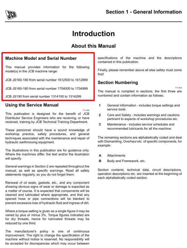 Comprehensive service manual for JCB JS190 excavator, covering repair guidelines and maintenance